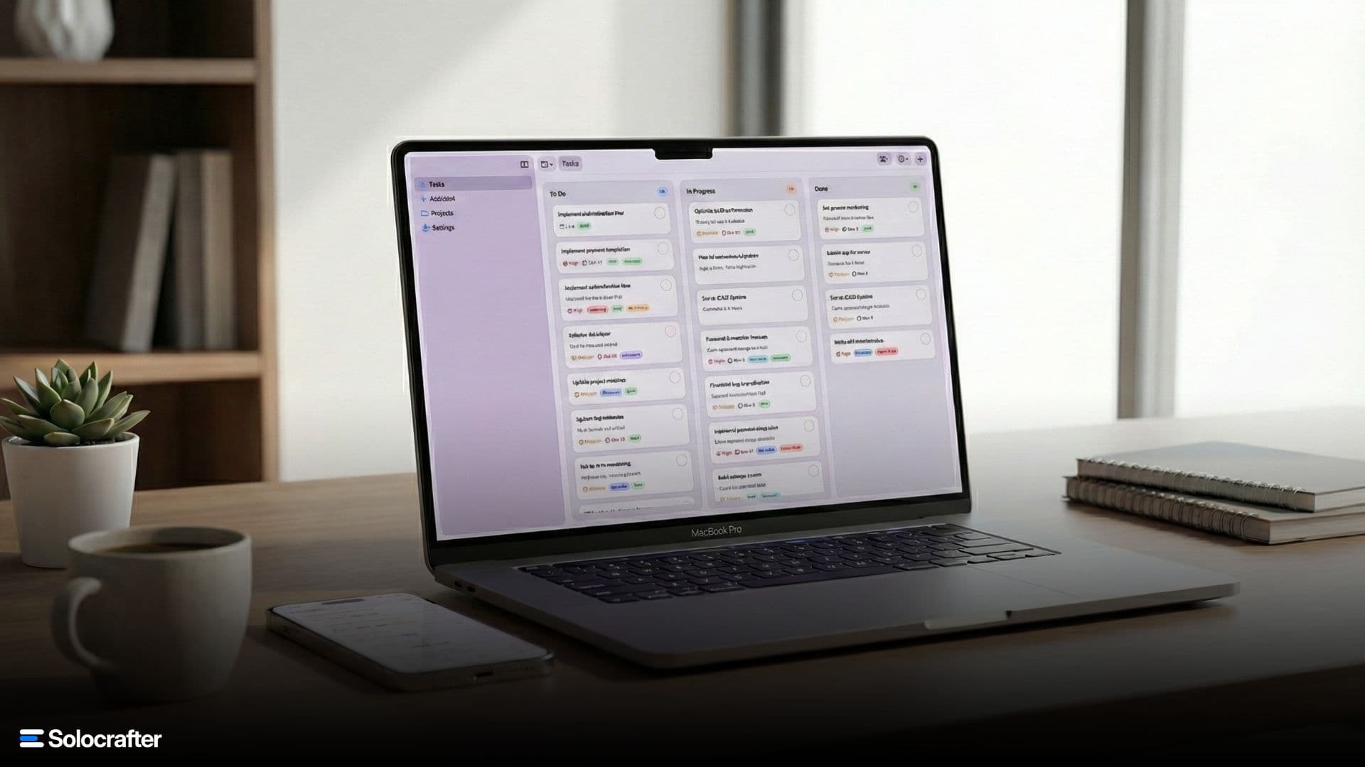 Task manager interface for solo developers showing kanban board with GitHub integration