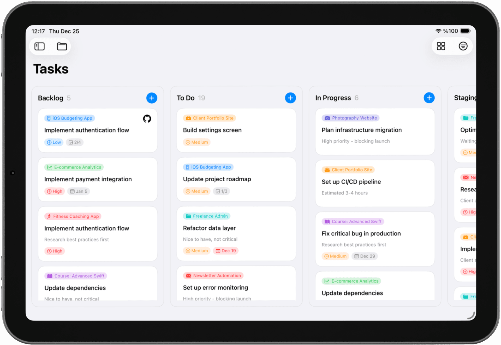 Solocrafter task manager interface on iPad showing Kanban board