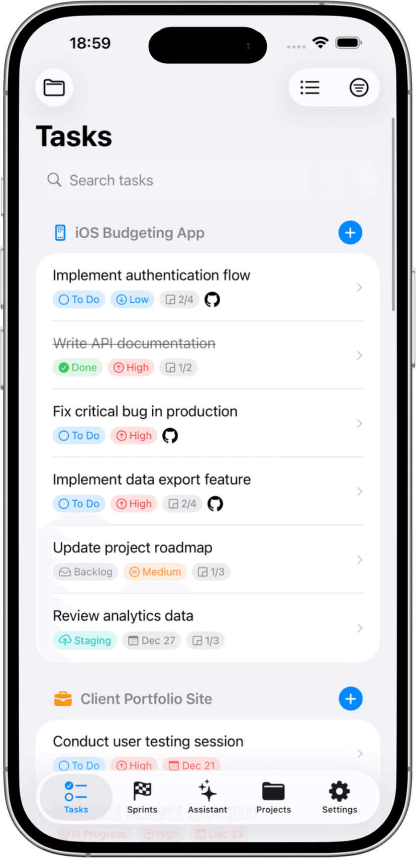 Solocrafter task manager on iPhone showing task list
