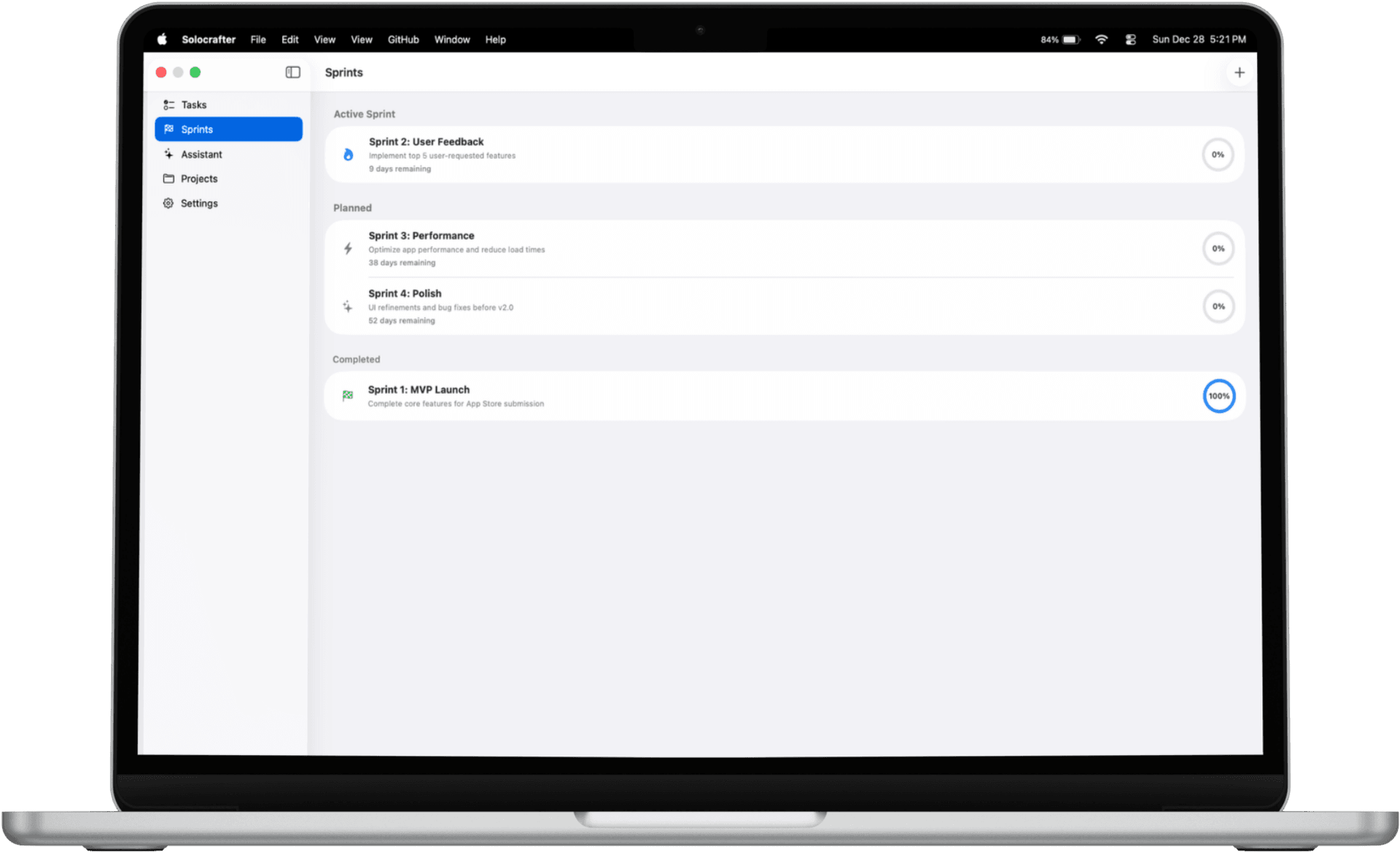 Solocrafter sprint planning on Mac