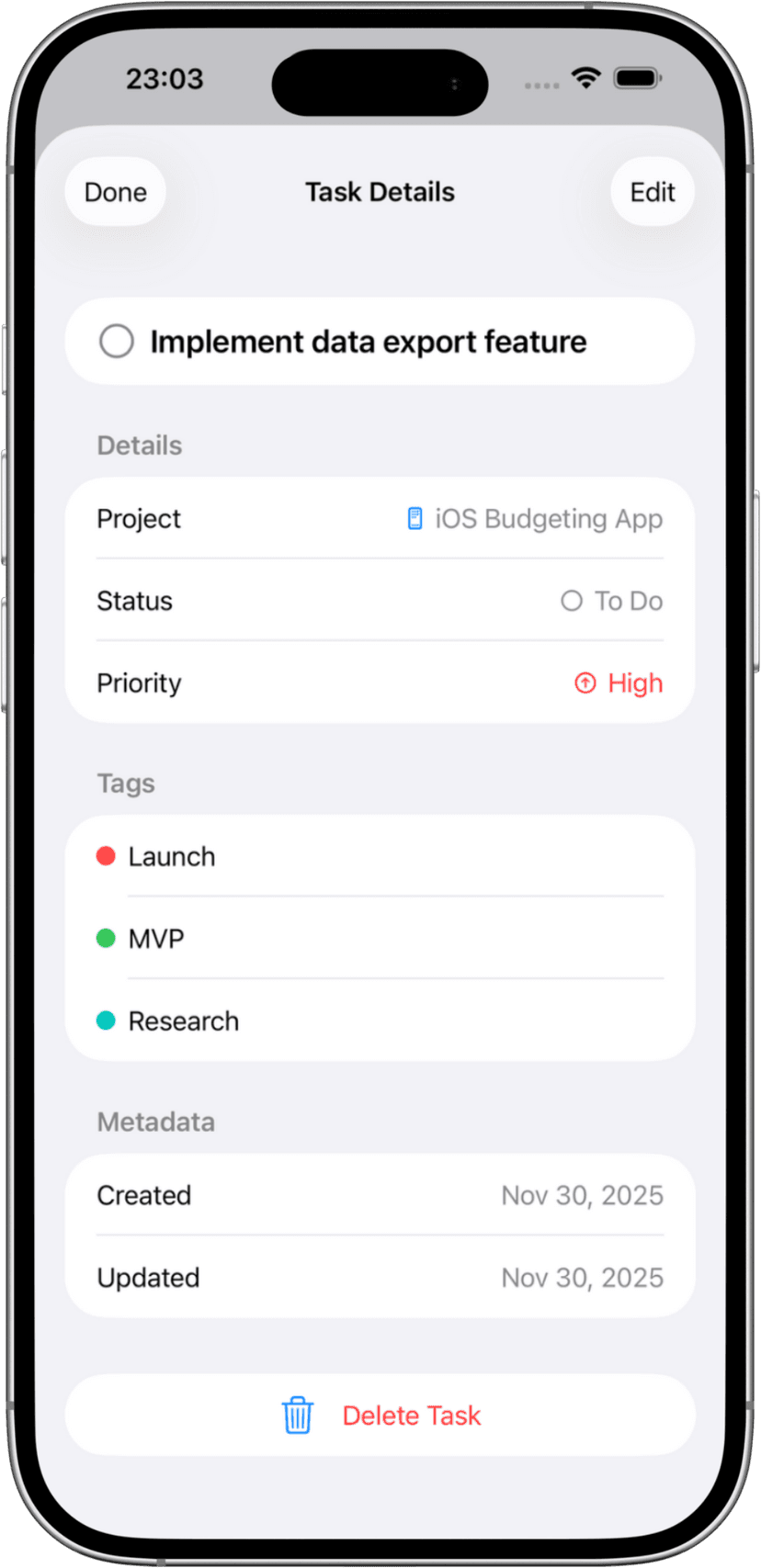 Task Detail View - Rich task properties and intelligent management