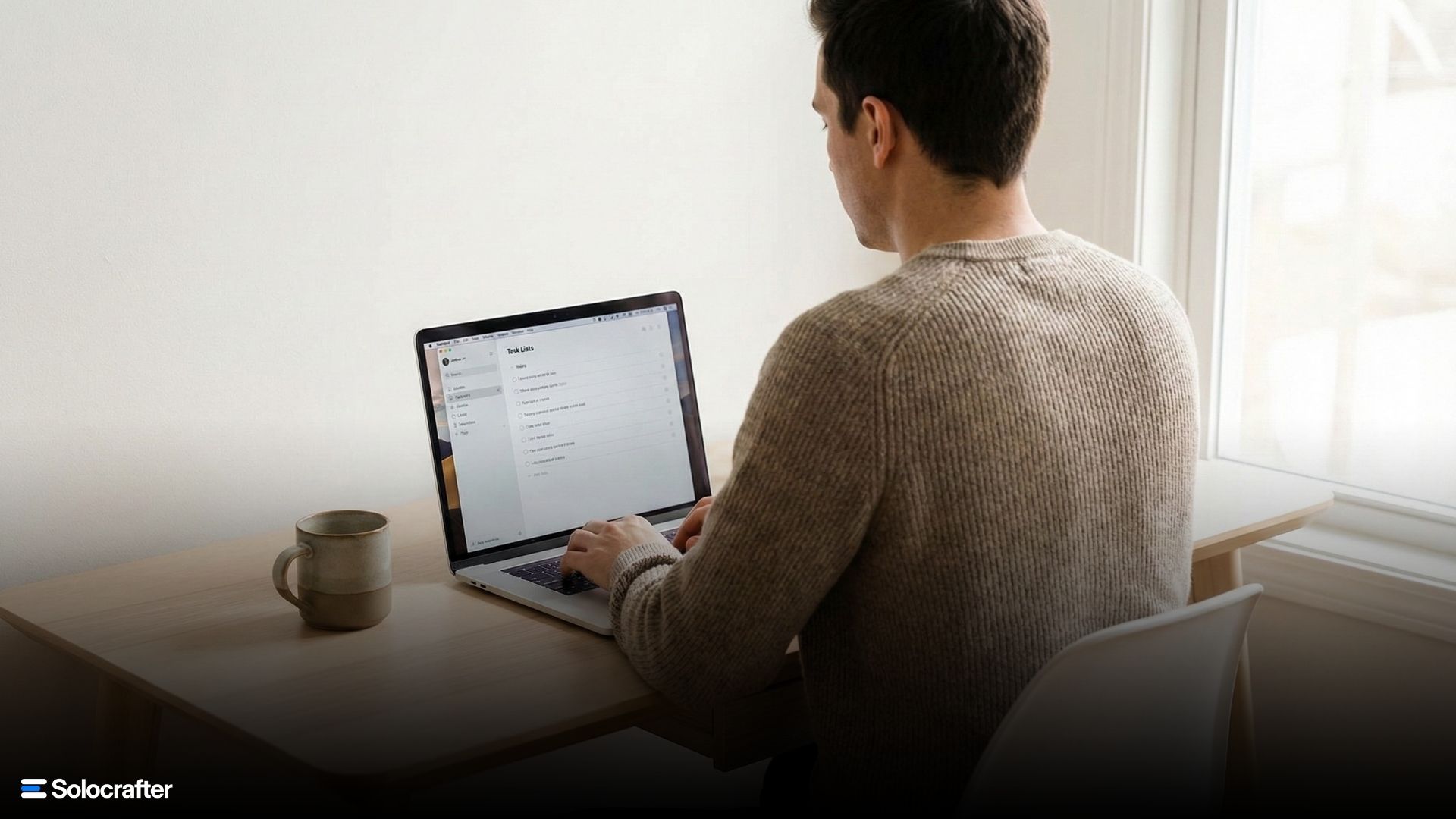 Solopreneur using project management tool on laptop - task list visible showing productivity workflow