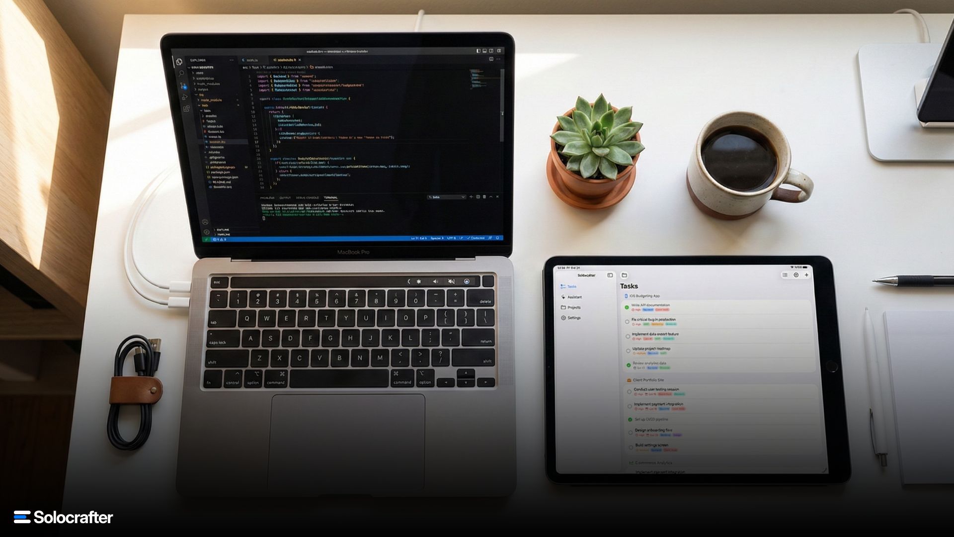 Solo developer workspace with organized task management and code editor